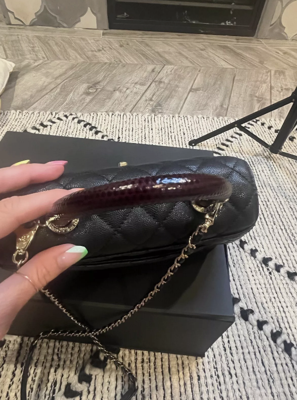 Chanel Black Caviar Lizzard Embossed Coco Handle Smal/mini Gold Hrdwr